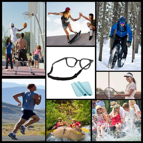 Adjustable Eyeglass Strap Set With Cleaning Cloths For Men Women And Kids, central image of strap and cloths surrounded by outdoor activities.