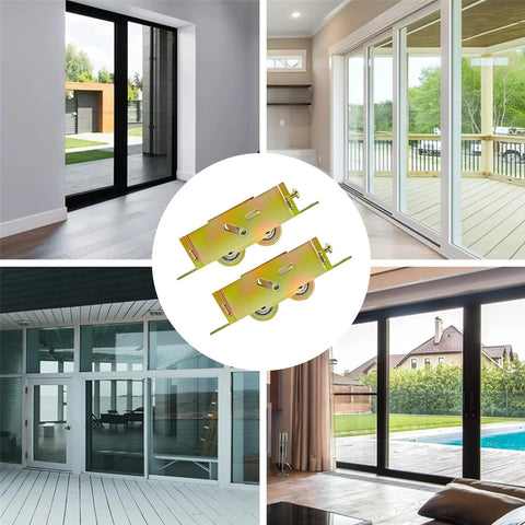2 Pack Sliding Patio Door Tandem Roller Assembly Replacement Fits Guardian Croft VinylMax And Other Sliding Door Manufacturers 1-1/4 Inch Steel Ball Bearing End Adjustment 5-3/4 Inch Screw Hole Centers image showing roller and installed sliding doors