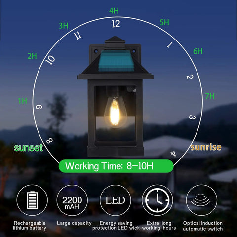 Two Pack Solar Motion Sensor Outdoor Wall Lanterns For Dusk To Dawn Porch Lighting with 8-10H working time and clock diagram.