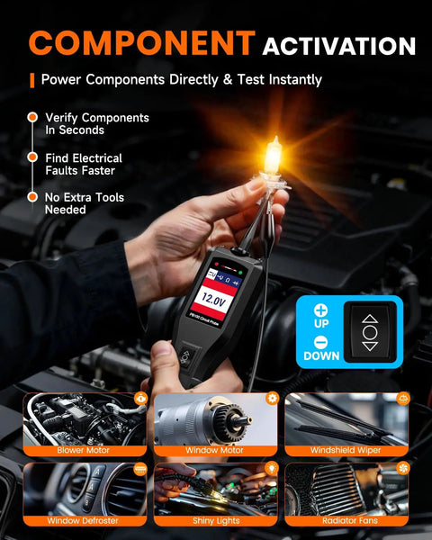 Person using All In One Power Circuit Tester for 6 to 30V vehicle diagnostics with component activation feature shown.