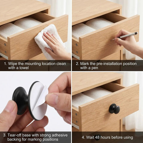 Installation instructions for Five Pack Self Adhesive Cabinet Knobs No Drill Required Quick Install Black Drawer Handles