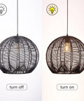 Turned off and on Coastal Industrial Rattan Chandelier With Black Round Wicker Shade Pendant Lamp For Living Room Or Bedroom