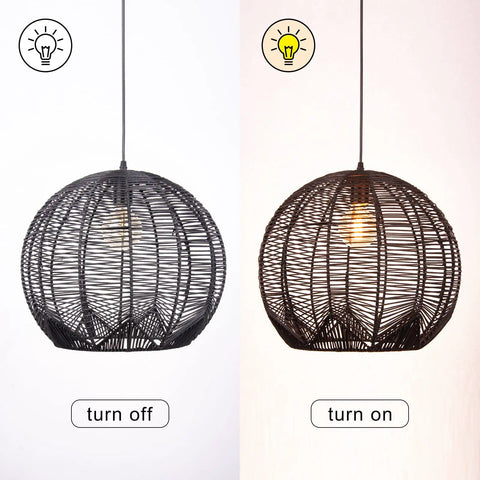 Turned off and on Coastal Industrial Rattan Chandelier With Black Round Wicker Shade Pendant Lamp For Living Room Or Bedroom