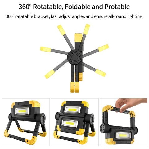 Rechargeable 360 Degree Rotating LED Work Light With 2000 Lumen Brightness, Portable Flood Light, adjustable angles shown