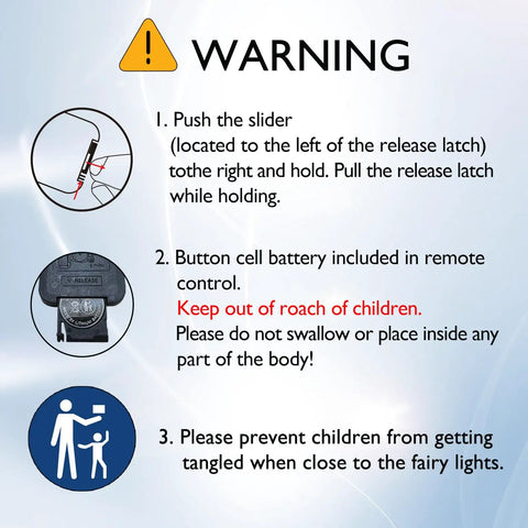 Warning instructions for Two Pack 33 Ft 100 LED Battery Operated Fairy String Lights With Remote Waterproof Outdoor Twinkle Lights