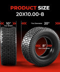 Set of 2 20x10.00-8 Tubeless Lawn Mower Tires 4 Ply Heavy Duty Reinforced Sidewalls 1190 Lb Load Capacity Fits Riding Tractors 8 Inch Rim 0.2 Inch Tread Depth, shown with size chart
