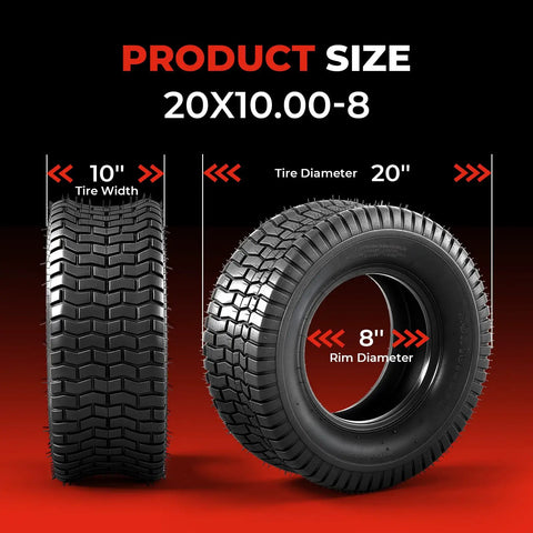 Set of 2 20x10.00-8 Tubeless Lawn Mower Tires 4 Ply Heavy Duty Reinforced Sidewalls 1190 Lb Load Capacity Fits Riding Tractors 8 Inch Rim 0.2 Inch Tread Depth, shown with size chart