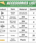 Accessories list for Shade Sail Hardware Winch Kit 60 Piece Stainless Steel Set with material and quantity details.
