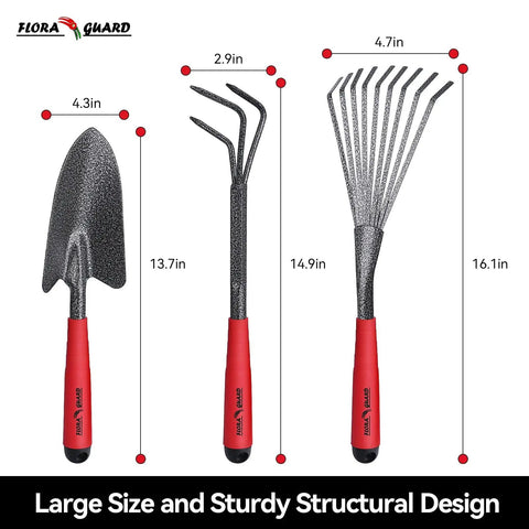 Heavy Duty 6 Piece Garden Tool Set With Trowel Rake 2 In 1 Hoe And Crack Weeder Cultivator And More Durable Hand Tools Sizes Displayed