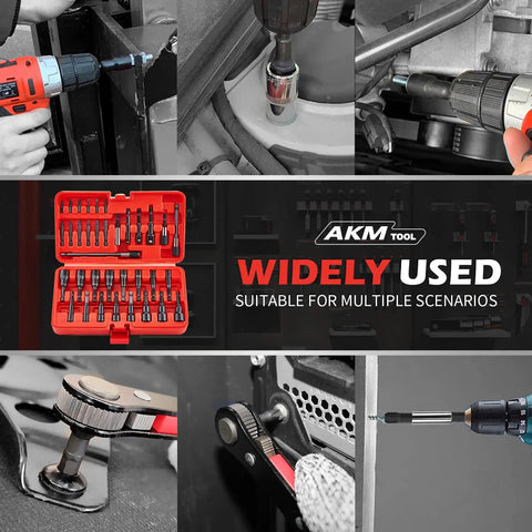 Magnetic Nut Driver Set for Impact Drills, 35 Piece with Quarter Inch Quick Change Hex Shank shown in use and case.