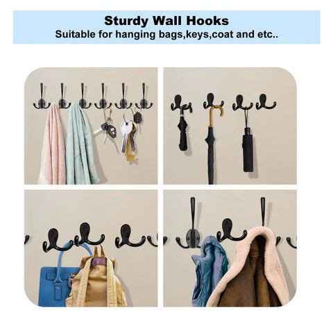 4 Pack Wall Hooks Set, Heavy Duty Metal Coat Hangers In Black, Wall Mounted With Screws, holding coats, towels, and keys.