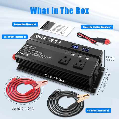 Beast Mode 12 Volt To 110 Volt Car Power Inverter with two AC outlets, USB ports, and accessories for road trips and camping hauls.