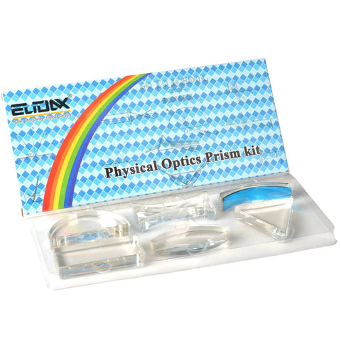 Six Piece Acrylic Glass Light Prism Set For Physics Lab Teaching on white tray with labeled box background