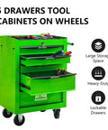 Heavy Duty 21 Inch Rolling Tool Cart With Lockable Steel Storage Cabinet And Slick Glide Ball Bearing Casters For Rapid Garage Workflow In Fresh Green with tools organized in drawers.