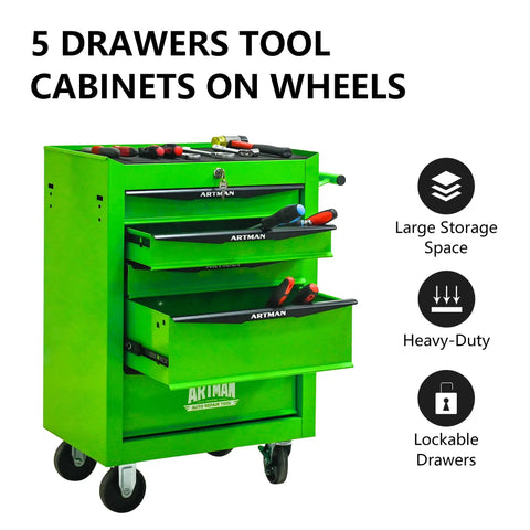 Heavy Duty 21 Inch Rolling Tool Cart With Lockable Steel Storage Cabinet And Slick Glide Ball Bearing Casters For Rapid Garage Workflow In Fresh Green with tools organized in drawers.