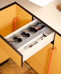 Slick And Dead Simple Kitchen Drawer Organizer Tray With Stackable Compartments For Killer Silverware Sorting And No Sweat Flatware Storage Setup In Sleek Grey with fork and spoon visible in drawer.
