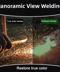 Panoramic view comparing true color and ordinary lenses used in Workhorse Auto Darkening Welding Helmet With Detachable Face Shield And Goggles.