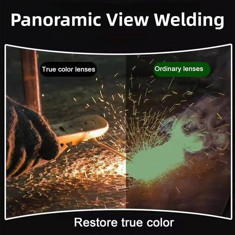 Panoramic view comparing true color and ordinary lenses used in Workhorse Auto Darkening Welding Helmet With Detachable Face Shield And Goggles.