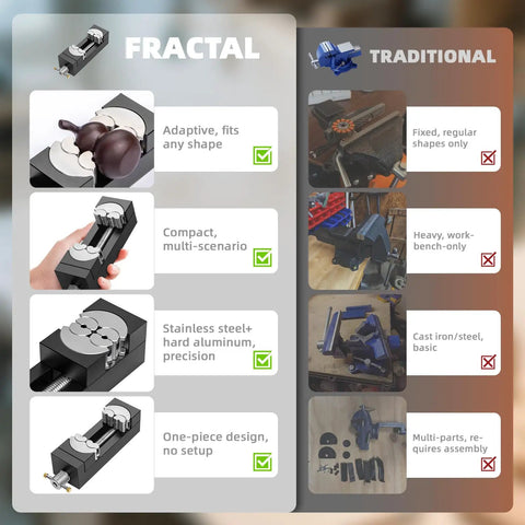 Fractal vs Traditional comparison image showing Precision Mini Drill Press Vise Featuring Self Adjusting Fractal Grips and Rock Solid Power.