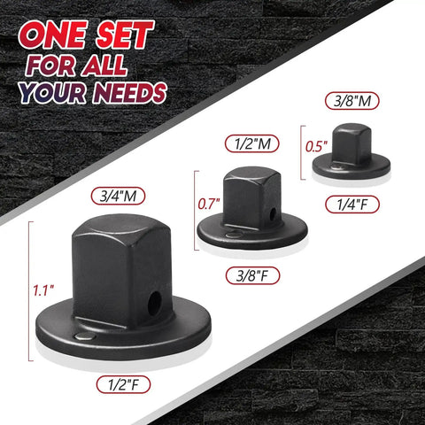 Low Profile Impact Socket Adapter Set Three Piece In CR-MO Steel Heavy Duty With Magnets For Tight Spaces Converts 3/4 Male To 1/2 Female