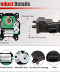 604-240 HVAC Heater Blend Door Actuator with powerful motor, flexible gear, durable PP housing, and 7-pin connector details.