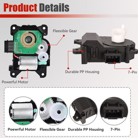 604-240 HVAC Heater Blend Door Actuator with powerful motor, flexible gear, durable PP housing, and 7-pin connector details.