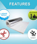 Ceramic Fiber Blanket With Aluminum Foil Facing For High Temp Insulation Half Inch Thick By 24 In By 36 In Rugged And Reliable Stove Furnace Forge Kiln Fireplace Welding Soldering HVAC Six Pound Density Up To Two Thousand Four Hundred Degrees Fahrenheit, shown with features of being lightweight, easy to cut, install, and flexible.