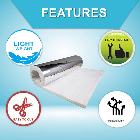 Ceramic Fiber Blanket With Aluminum Foil Facing For High Temp Insulation Half Inch Thick By 24 In By 36 In Rugged And Reliable Stove Furnace Forge Kiln Fireplace Welding Soldering HVAC Six Pound Density Up To Two Thousand Four Hundred Degrees Fahrenheit, shown with features of being lightweight, easy to cut, install, and flexible.