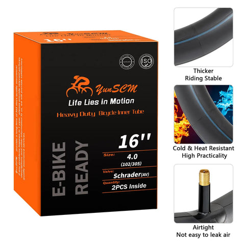 Two Pack 16x4.0 Heavy Duty E Bike Inner Tubes With Schrader Valve AV32mm for fat tire 16x4 electric bikes packaging and features.