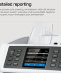 Close-up of Safescan 2985-SX touchscreen with detailed reporting of counted bills, showcasing Bank Grade Money Counter Goes Hard On Counting Up To 1200 Bills Per Minute With Advanced Counterfeit Detection For Hella Fast Sorting Of Mixed Global Currency.