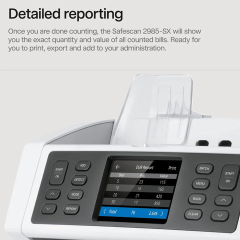 Close-up of Safescan 2985-SX touchscreen with detailed reporting of counted bills, showcasing Bank Grade Money Counter Goes Hard On Counting Up To 1200 Bills Per Minute With Advanced Counterfeit Detection For Hella Fast Sorting Of Mixed Global Currency.