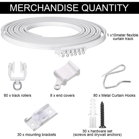 Flexible Curtain Track System Dope Bendable Ceiling Rail For Curved Walls And Wall Mount White 10 Meters Long Includes 80 Rollers 80 Hooks 30 Brackets for ceiling track kit