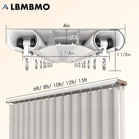Ultra Quiet Ceiling Mount Curtain Track System 5 To 16 Feet White Aluminum Double Rail For Bedroom Window And Hotel Drop Ceiling Install side view with curtain hooks