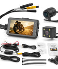 Dual 1080P Waterproof Bike Dash Cam With 3 Inch Screen, Night Vision, Front And Rear HD Recording, shown with accessories