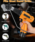 Hand holding upgraded metal cutter drill bit attachment with stabilizer handle for 21V lithium-ion drill.