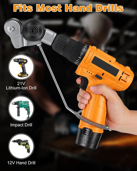 Hand holding upgraded metal cutter drill bit attachment with stabilizer handle for 21V lithium-ion drill.