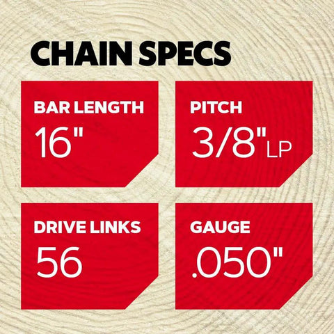 Chain specs featuring 16 inch bar, 3/8 LP pitch, 56 drive links, .050 inch gauge for Two Pack Chainsaw Chain For Three Eighths Inch Low Profile Pitch 0.050 Inch Gauge With 56 Drive Links For 16 Inch Bar Low Kickback Replacement Saw Chain Fits Husqvarna Echo Ryobi Greenworks Craftsman And More.