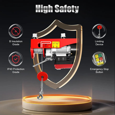 440 Lb Electric Hoist Winch With Remote Control highlighting safety features, including B insulation grade and emergency stop button.
