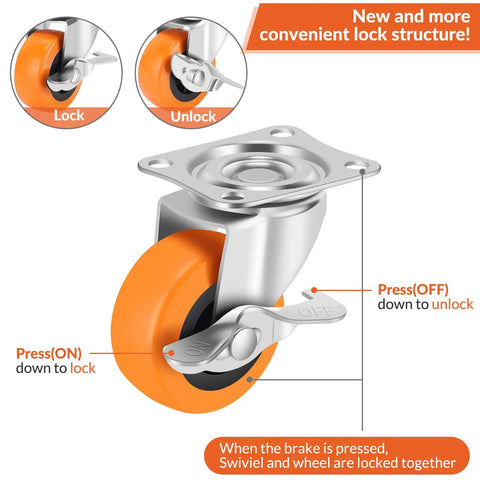 Close-up of Heavy Duty Swivel Caster Wheels Set Of 4 With Locking Brakes and Sealed Ball Bearings 3 Inch Polyurethane Treads.