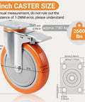 6-inch swivel caster wheel with heavy duty polyurethane tire, 2600 lb capacity, for tool carts and dollies, showing dimensions.