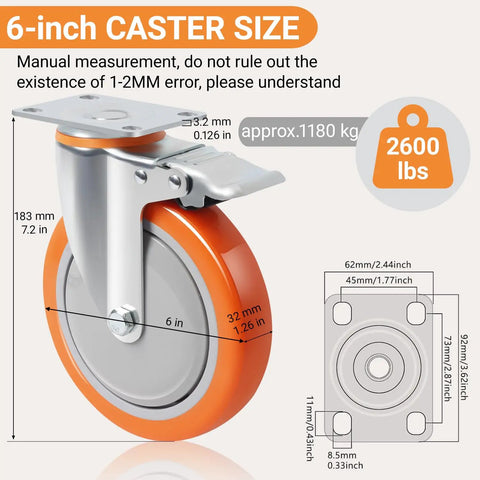 6-inch swivel caster wheel with heavy duty polyurethane tire, 2600 lb capacity, for tool carts and dollies, showing dimensions.
