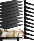 8 Pack Wood Slatwall Shelves With Heavy Duty Metal Brackets For Garage And Home Organization Built Tough As Nails For Everyday Use 23.6 By 11.8 Inches Slatwall Shelf System Durable Wall Mounted Storage Racks, black wood shelves with metal brackets displayed in a creative arrangement.