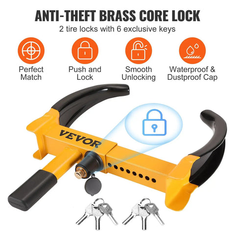 Universal Wheel Clamp Lock Set, Adjustable Anti Theft Tire Lock For ATV, SUV, Car, Golf Cart, Boat, And Motorcycle, yellow design shown