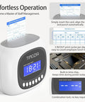 Time Clock Punch System With Passcode And Auto Align Printing 6 Punches Per Day Across 3 Shifts Easy Setup For Small Businesses displays time and card insertion.