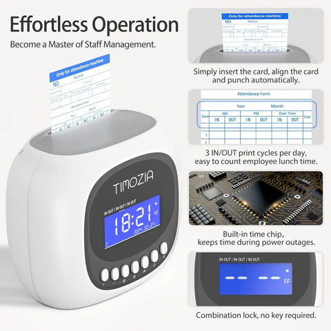 Time Clock Punch System With Passcode And Auto Align Printing 6 Punches Per Day Across 3 Shifts Easy Setup For Small Businesses displays time and card insertion.