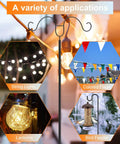 Two Pack String Light Poles With Seven Prong Steel Construction Includes Two Hooks And Fence Brackets For Deck Garden Patio Holiday And Wedding Lighting Durable Weatherproof Backyard Poles demonstrating various applications including string lights, colored flags, lanterns, and bird feeder outdoors.