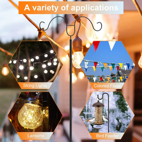 Two Pack String Light Poles With Seven Prong Steel Construction Includes Two Hooks And Fence Brackets For Deck Garden Patio Holiday And Wedding Lighting Durable Weatherproof Backyard Poles demonstrating various applications including string lights, colored flags, lanterns, and bird feeder outdoors.