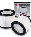 Heavy Duty Nanofiber Cartridge Filter For Most 4 Gallon And Smaller Wet Dry Vacuums 2 Pack Reusable PET Filtration Paper Replacement Fits Most Models, showing two white pleated filters with black rims