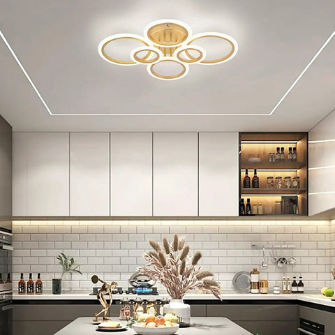 Modern LED Ceiling Light With Six Ring Gold Finish Flush Mount Fixture 4000K Neutral White Lighting for kitchen, contemporary design.