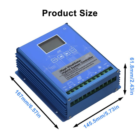 Beast 15000W Wind Solar Hybrid Charge Controller 12V/24V with MPPT Boost, LCD Display, showing dimensions and connectors